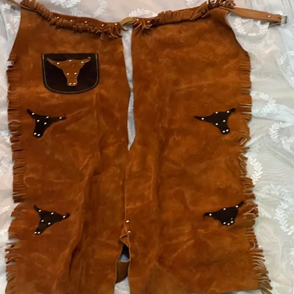 Vtg Authentic Western Outfits For JR. Cowboys Cowhide Chap Vest Fringed Studs B